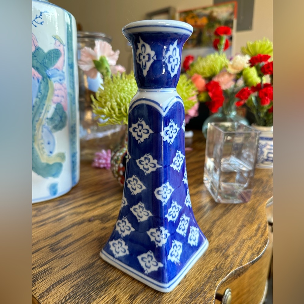 blue + white ceramic candlestick vintage